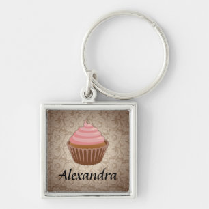 Zachte roze en bruine cupcake, gepersonaliseerde a sleutelhanger