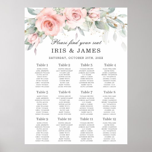 Zachte roze Floral Greenery Wedding Seating Chart Poster (Voorkant)