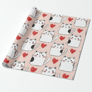 Zachte Roze Kawaii Katten & Harten Patroon (5) Cadeaupapier