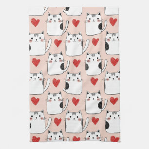 Zachte Roze Kawaii Katten & Harten Patroon (5) Theedoek