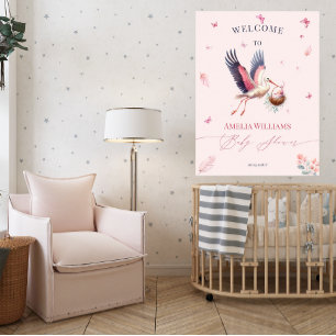 Zachte Roze Ooievaar Vlinders Welkom Baby Borrel Poster