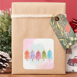 ZACHTE  ROZE PASTEL WATERVERF KERSTBOMEN VIERKANTE STICKER