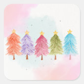 ZACHTE ROZE PASTEL WATERVERF KERSTBOMEN VIERKANTE STICKER (Voorkant)