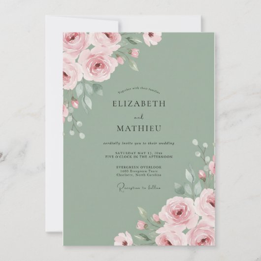 Zachte Roze Ranunculus Eucalyptus Bruiloft Kaart (Voorkant)