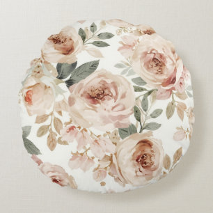Zachte Roze Rozen Aquarel Bloemendruk Botanisch Rond Kussen
