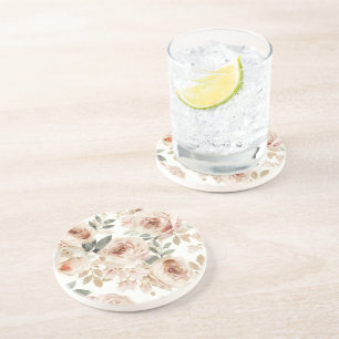 Zachte Roze Rozen Aquarel Bloemendruk Botanisch Zandsteen Onderzetter