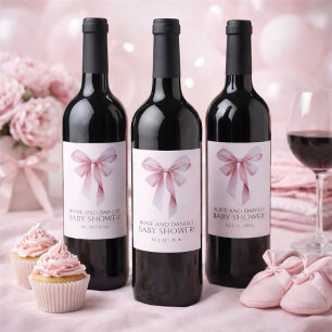 Zachte Roze Strik Meisje Baby Shower Wijn Etiket