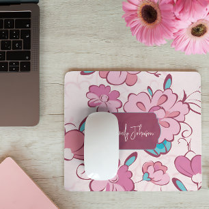 Zachte Roze Teal Bloemige Monogram Ontwerp Aangepa Muismat