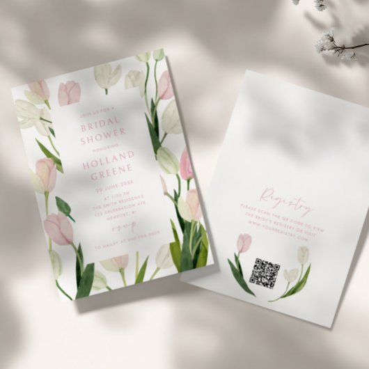 Zachte Roze Tulp QR Code Bruidsuitnodiging Kaart