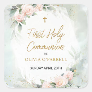Zachte roze Waterverf Flowers First Holy Communion Vierkante Sticker