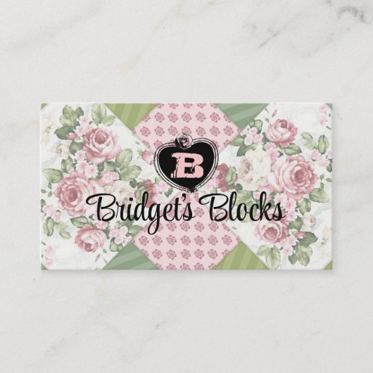 zachte rozen met quilt quilt quiltkaart visitekaartje (Voorkant)