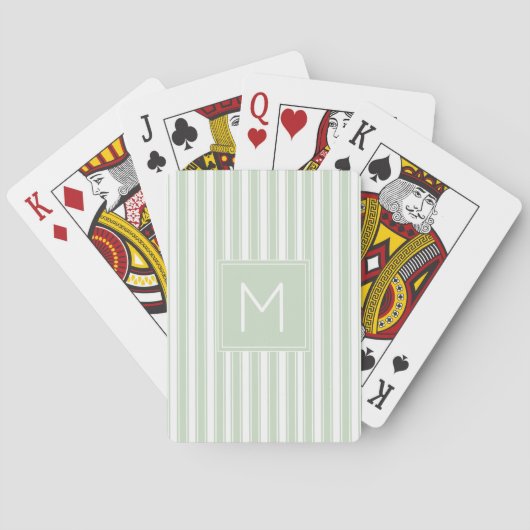 Zachte Sage Groen en Wit Ticking Strepen Monogram Pokerkaarten (Achterkant)