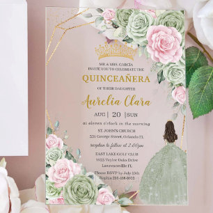 Zachte Saliegroen Roze Bloemige Gouden Quinceañera Acryl Uitnodigingen