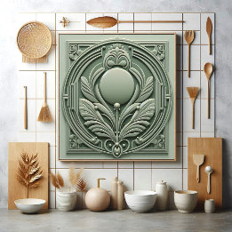 Zachte Saliegroene Art Deco Symmetrische Botanisch Tegeltje