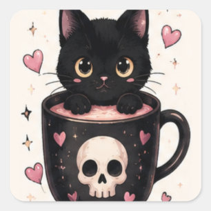 Zachte Schedel Mok Zwarte Kat Halloween Vierkante Sticker