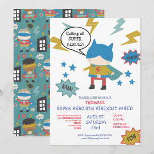 Zachte superheld thema kinderfeest uitnodiging