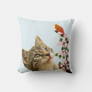 Zachte Tabby Kat & Kleine Vogel op Lichtblauw Kussen