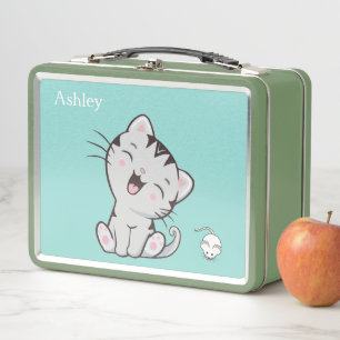Zachte Tabby Kat & Muis op Lichtblauw