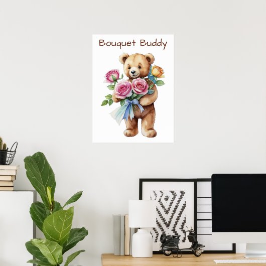 Zachte teddybeer met bloemenboeket poster  (Thuiskantoor)