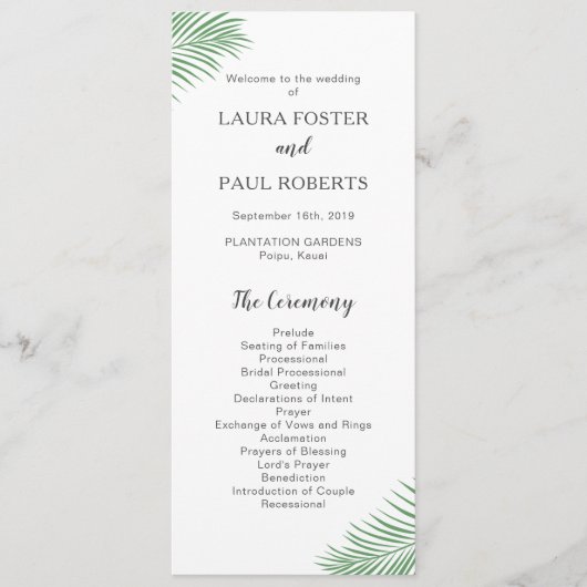 Zachte Tropische Palm Leaf Wedding Programma (Voorkant)