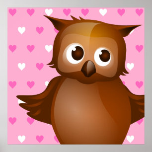 Zachte Uil op Roze Hart Patroon Achtergrond Poster