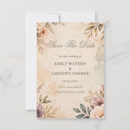 Zachte Vintage Bloemen Save The Date (Voorkant)