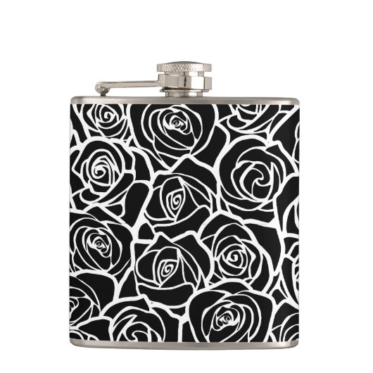 Zachte vintage zwarte en witte rozen heupfles (Voorkant)