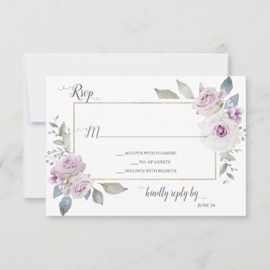 Zachte Violet Lavendel Paarse Gouden Rozen RSVP Kaartje (Voorkant)