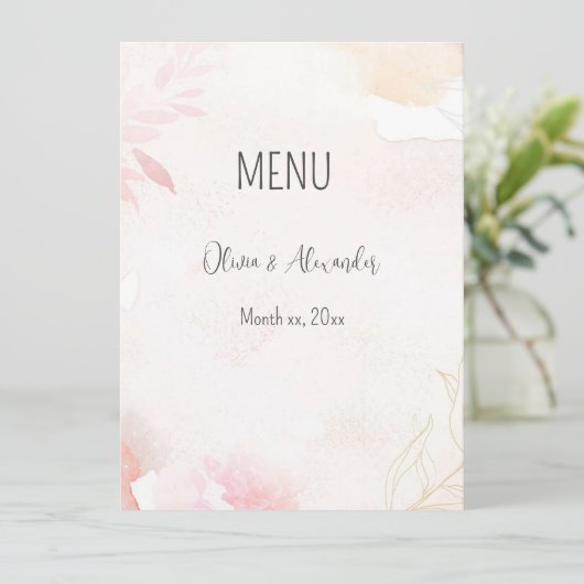 Zachte Waterverf Blush Bloemen Bruiloft Menu (Staand voorkant)