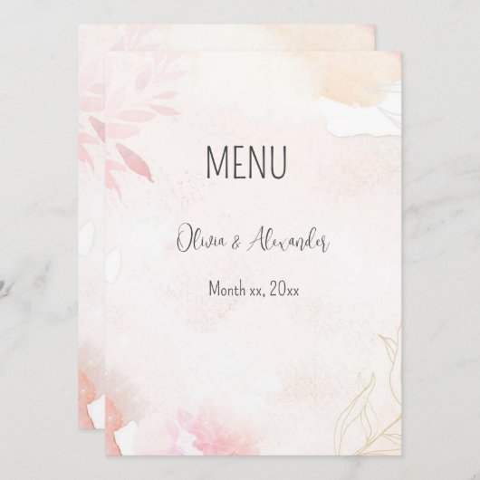 Zachte Waterverf Blush Bloemen Bruiloft Menu (Voorkant / Achterkant)