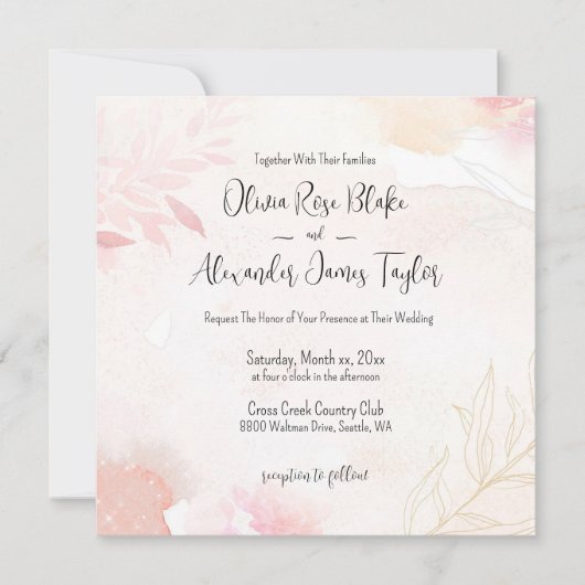 Zachte Waterverf Blush Bloemen Bruiloft Uitnodigin Kaart (Voorkant)