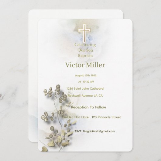 Zachte waterverf & Golden Cross Doopuitnodiging Kaart (Voorkant / Achterkant)