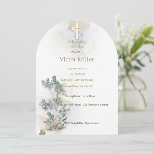 Zachte waterverf & Golden Cross Doopuitnodiging Kaart (Staand voorkant)