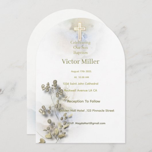 Zachte waterverf & Golden Cross Doopuitnodiging Kaart (Voorkant / Achterkant)