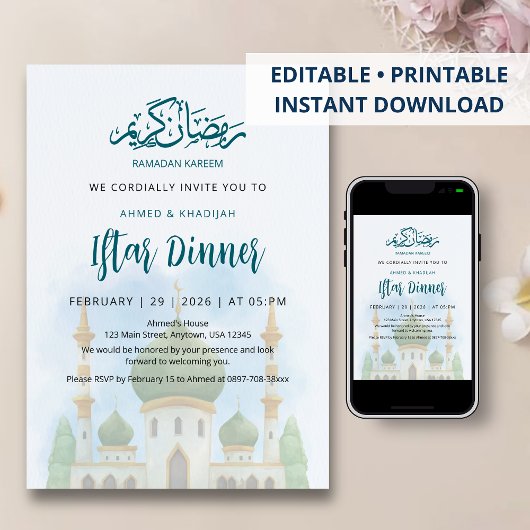 Zachte Waterverf Groene Koepel Moskee Iftar Uitnod Kaart