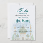 Zachte Waterverf Groene Koepel Moskee Iftar Uitnod Kaart (Voorkant)