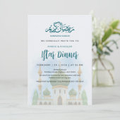 Zachte Waterverf Groene Koepel Moskee Iftar Uitnod Kaart (Staand voorkant)