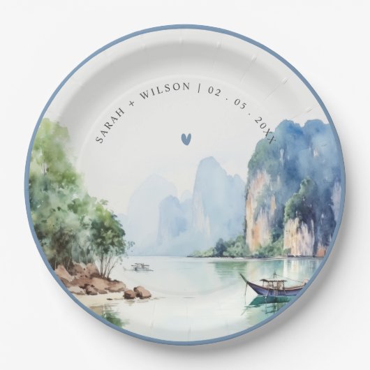 Zachte Waterverf Kust Thailand Zeegezicht Bruiloft Papieren Bordje (Voorkant)