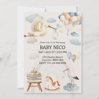 Zachte Waterverf Ooievaar Baby Borrel Uitnodiging