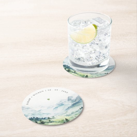 Zachte Waterverf Sneeuwberglandschap Bruiloft Ronde Kartonnen Onderzetter (Insitu)