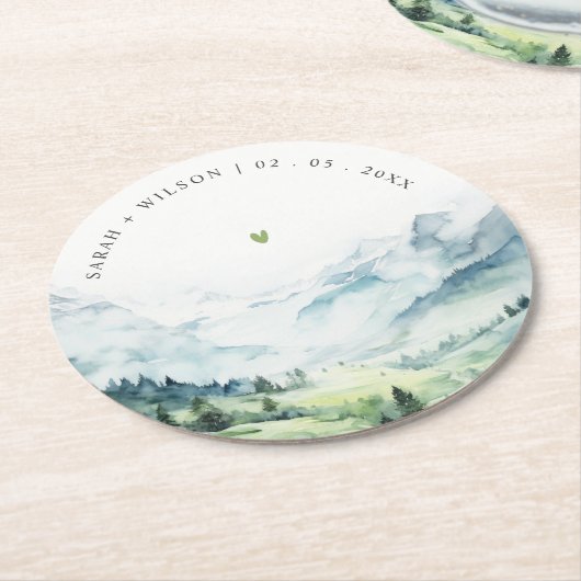 Zachte Waterverf Sneeuwberglandschap Bruiloft Ronde Kartonnen Onderzetter (Gebogen)