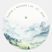 Zachte Waterverf Sneeuwberglandschap Bruiloft Ronde Sticker (Voorkant)