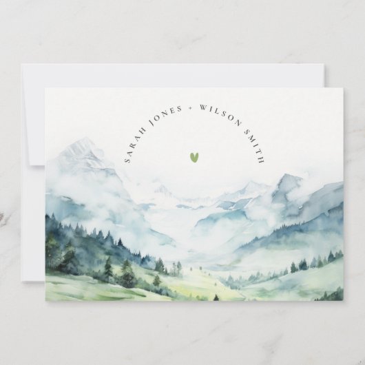 Zachte Waterverf Sneeuwberglandschap Bruiloft Save The Date (Achterkant)