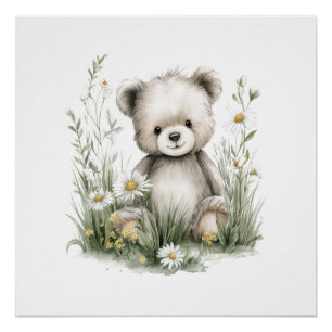 Zachte Waterverf Teddybeer met Wilde Bloemen Perfect Poster