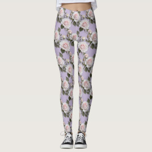 Zachte witte en blos roze rozen op rokerige lavend leggings
