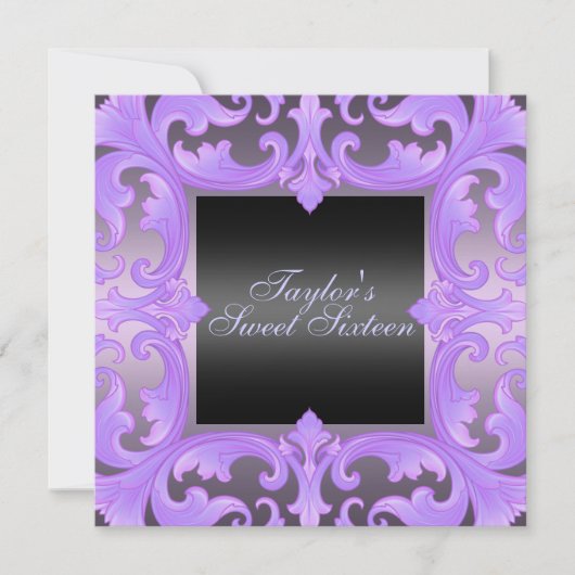 Zachte Zestien Purple Damask Verjaardagsuitnodigin Kaart (Voorkant)