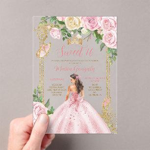 Zachte Zestien Zachte Blush Roze Kroon Gouden Verj Acryl Uitnodigingen