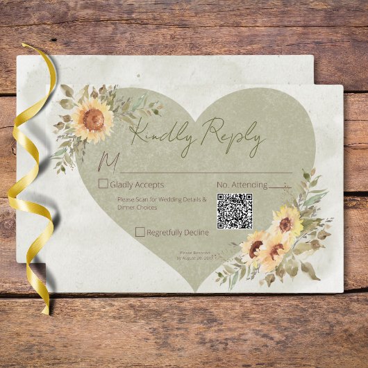 Zachte Zonnebloemen Boho Hart Bruiloft QR Code RSVP Kaartje