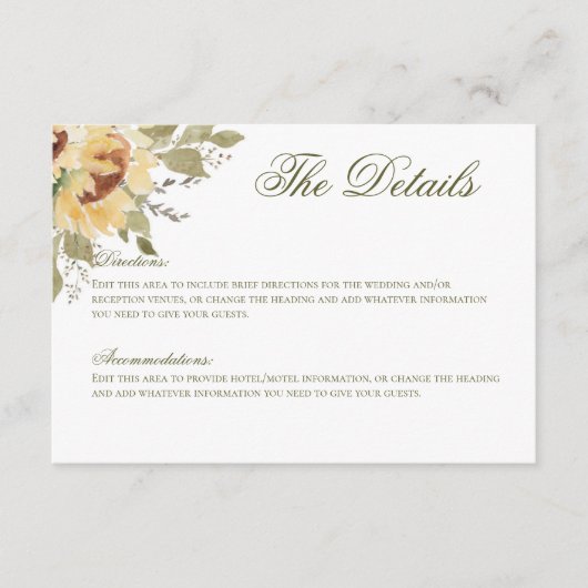 Zachte zonnebloemen bruiloft details informatiekaartje (Voorkant)