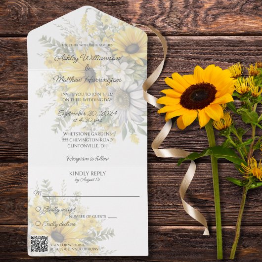 Zachte zonnebloemen en madeliefjes met QR-code All In One Uitnodiging